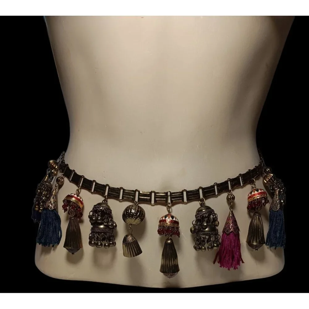 Belt Asian Inspired Brass Dangle Bobble Charms & Tassels Hari Krishna Style 34" - Picture 3 of 9